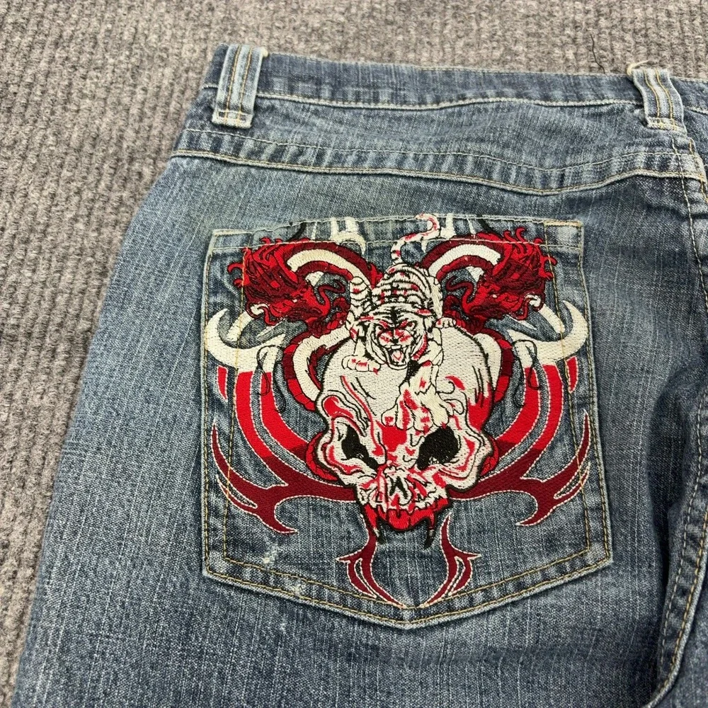 Vintage Miskeen Denim Shorts Men 38 Blue Cotton Baggy Embroidered Y2K Streetwear